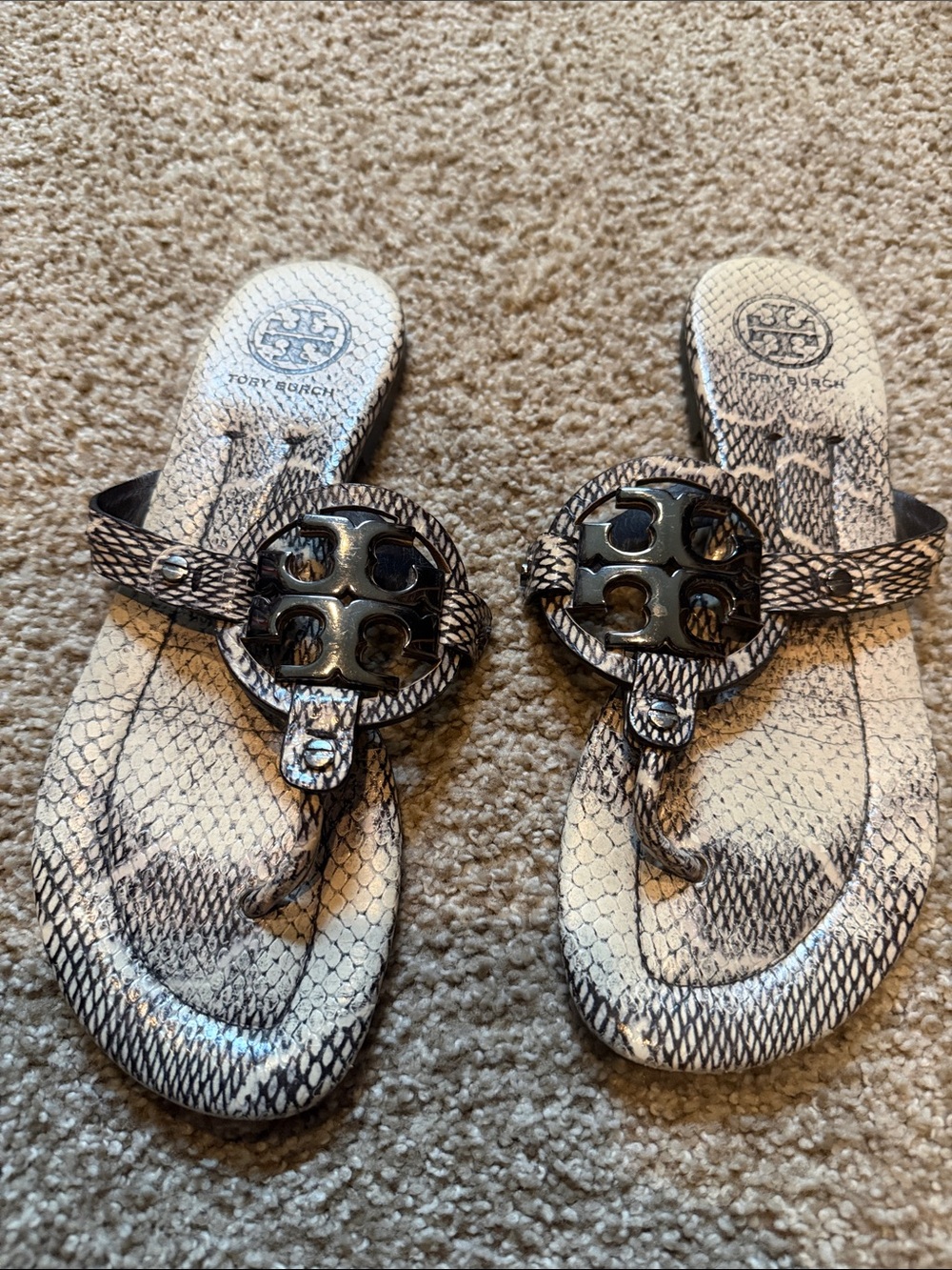 Tory Burch Black & White Snake-Print Logo Thong Sandals